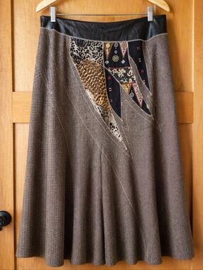 Koos Of Course Brown Midi Skirt Leather Waist Patchwork Animal Print Boho Artsy